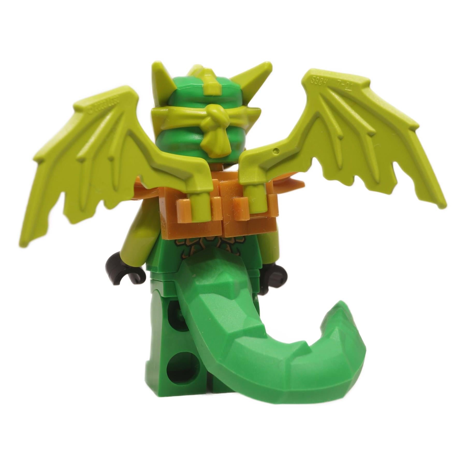 LEGO NINJAGO Lloyd dragon form minifigure green wings tail armor, rear profile view.