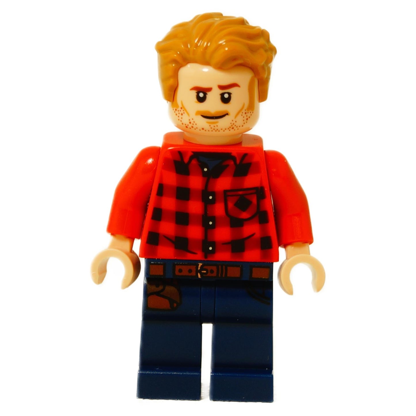view of LEGO Jurassic World Owen Grady minifigure (jw089) with orange hair, angry expression, and red plaid shirt.