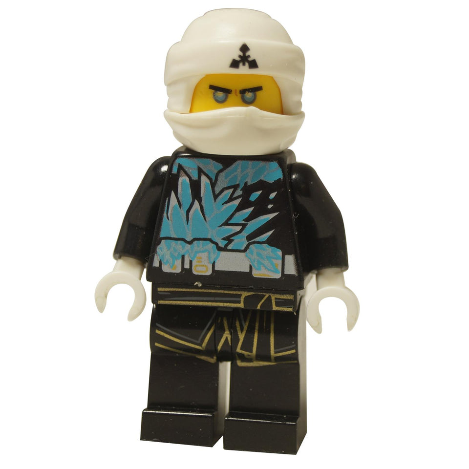 LEGO® NINJAGO® Garmadonin pojat Zane minihahmo (njo0405) etunäkymä, jossa on jäätävän sininen torso-tulostus ja valkoinen ninja-huppu.