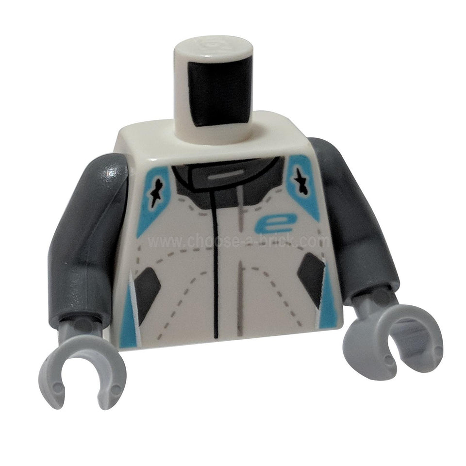 Blanc Torse de combinaison Speed Champions, Azure Moyen Épaules, 'e' et Gris-Bleu Foncé Motif de col - Gris-Bleu Foncé Bras - Gris-Bleu Clair Mains