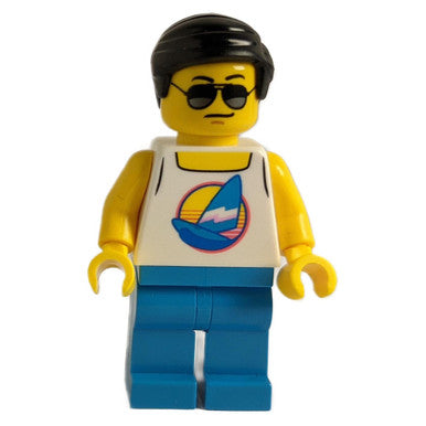 LEGO Beach Tourist minifigure, front view, sunglasses and tank top