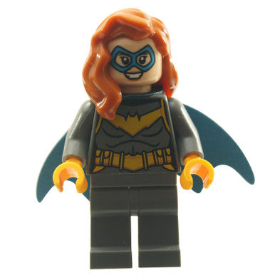 LEGO Batgirl minifigure, front view, dark gray suit and blue eyemask.