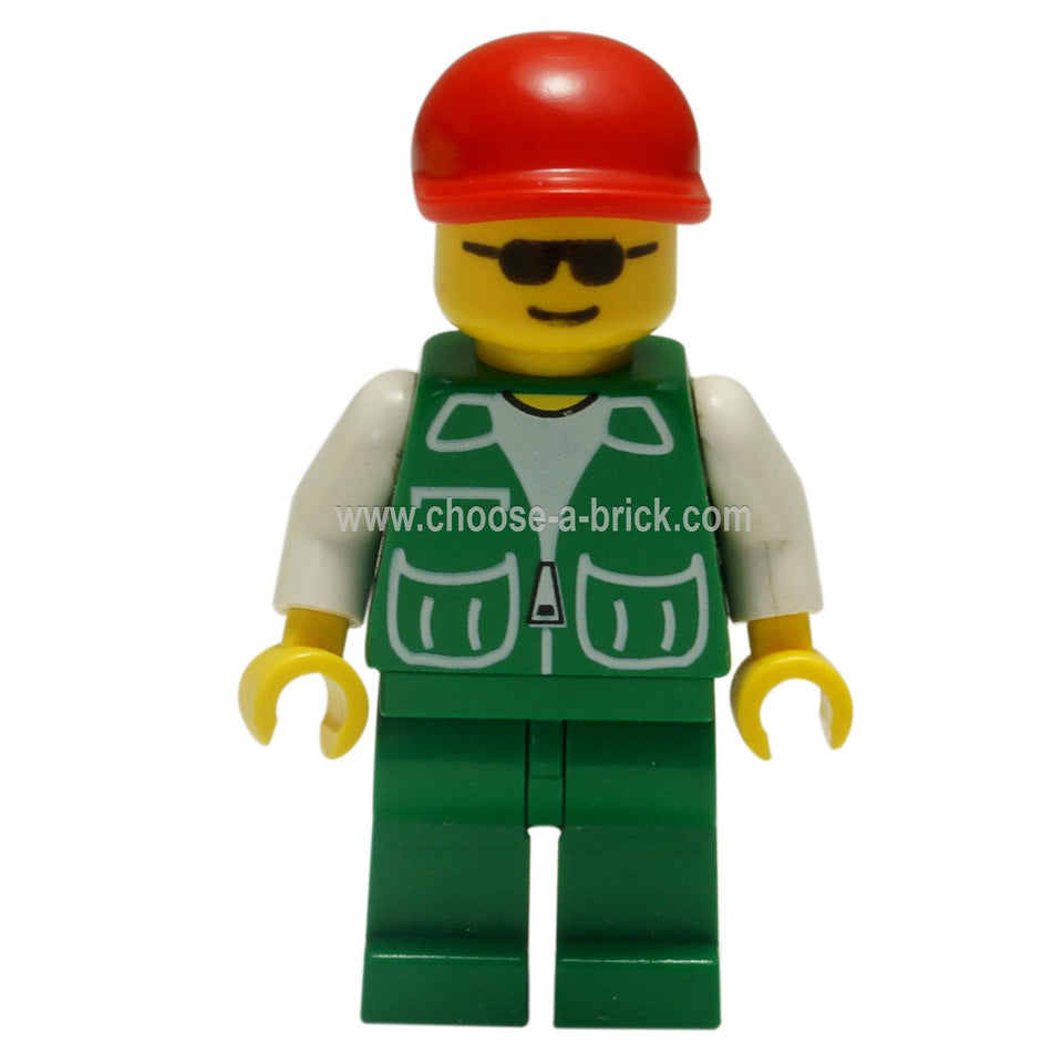 LEGO Minifigura - Chaqueta Verde con 2 Bolsillos Grandes - Verde Piernas, Rojo Gorra, Negro Gafas de Sol