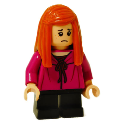 Front view of LEGO Ginny Weasley minifigure (hp249) with bright red hair and sad expression.