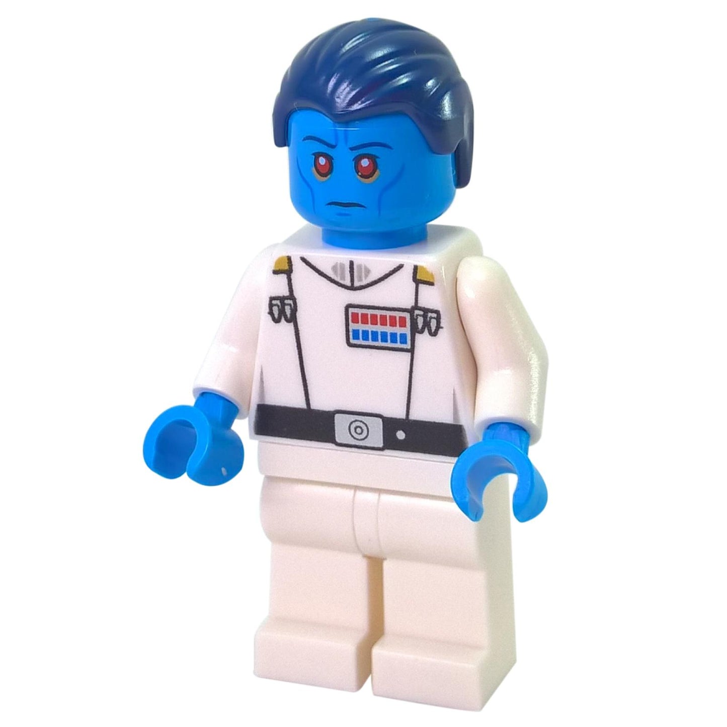 Front view of LEGO Grand Admiral Thrawn minifigure (sw0811) with blue skin, dark blue hair, and white uniform.