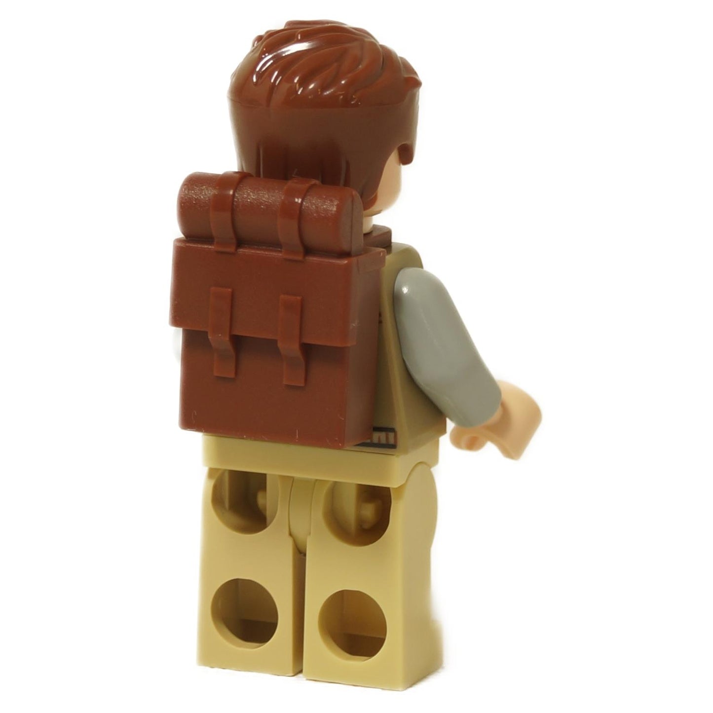 Rear view of the LEGO® Jurassic World Dr. Henry Loomis minifigure (jw136) displaying the brown backpack with rolled sleeping mat detail.