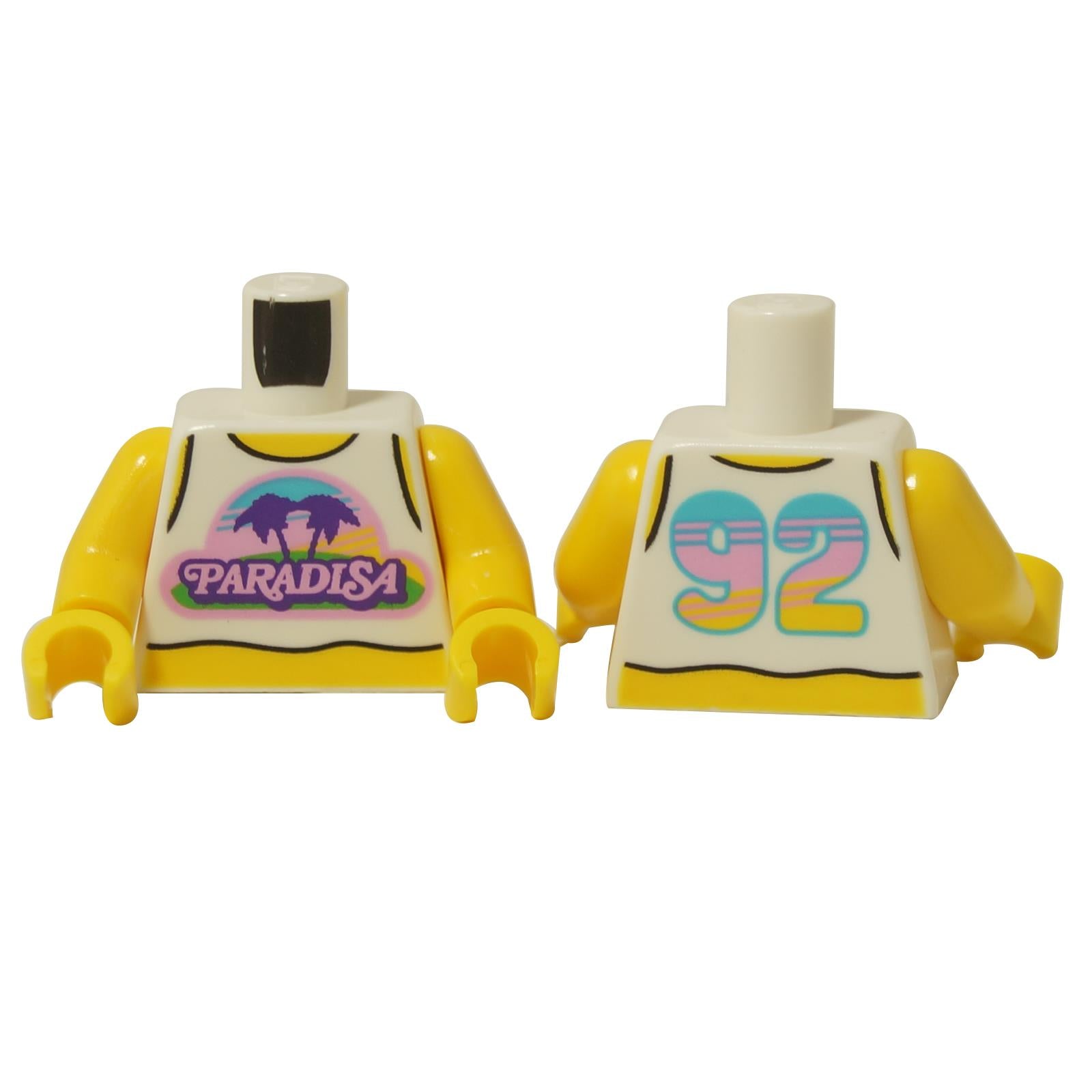 LEGO® torso with white and yellow tank top design, “PARADISA” logo and palm trees on the front, and colorful “92” print on the back.