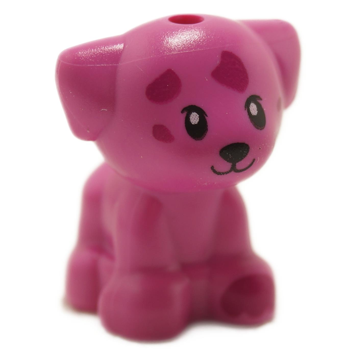 LEGO® Friends puppy figure in bright pink with magenta paw print and spot pattern, front angle view