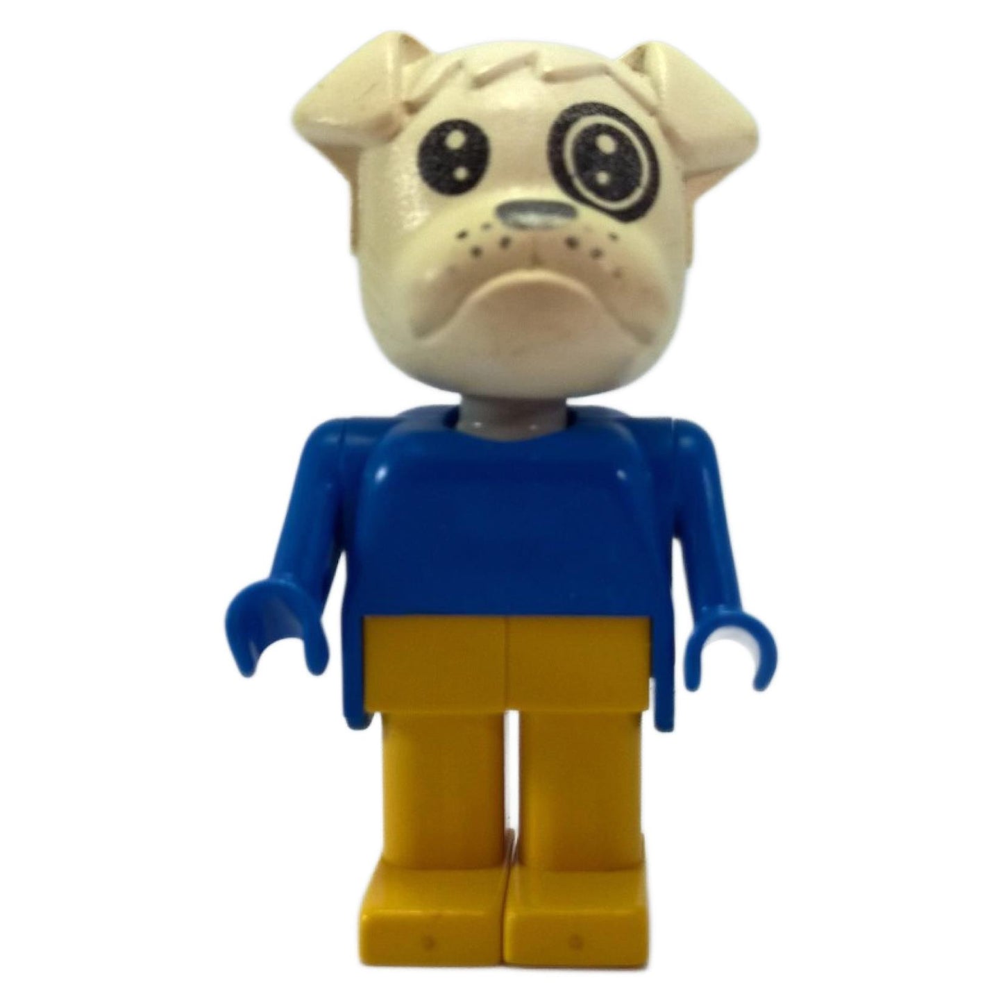 A LEGO® Fabuland Boris Bulldog minifigure, featuring a white bulldog head with a black eye patch and a sad expression, a blue torso and arms, yellow hands, and yellow legs, standing against a white background.