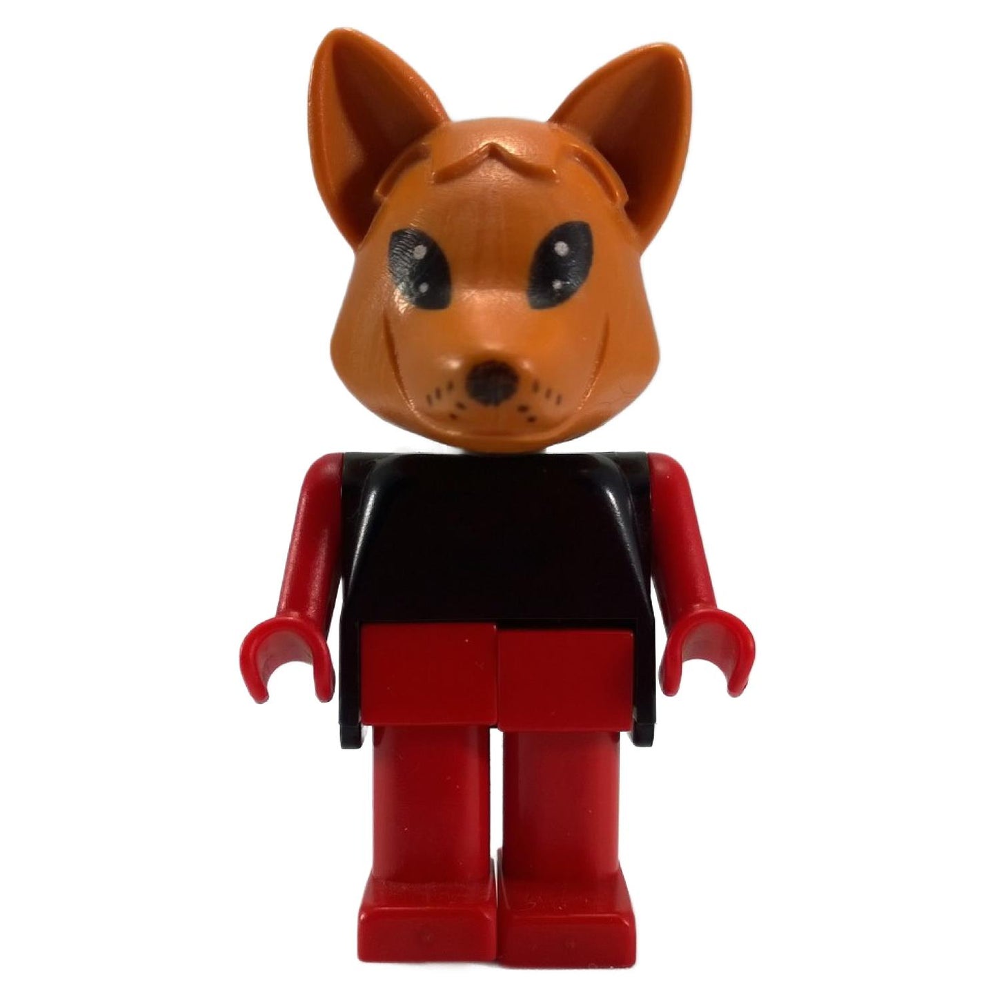 LEGO Fabuland Freddy Fox Minifigure (fab5e) with black torso and red legs, front view.