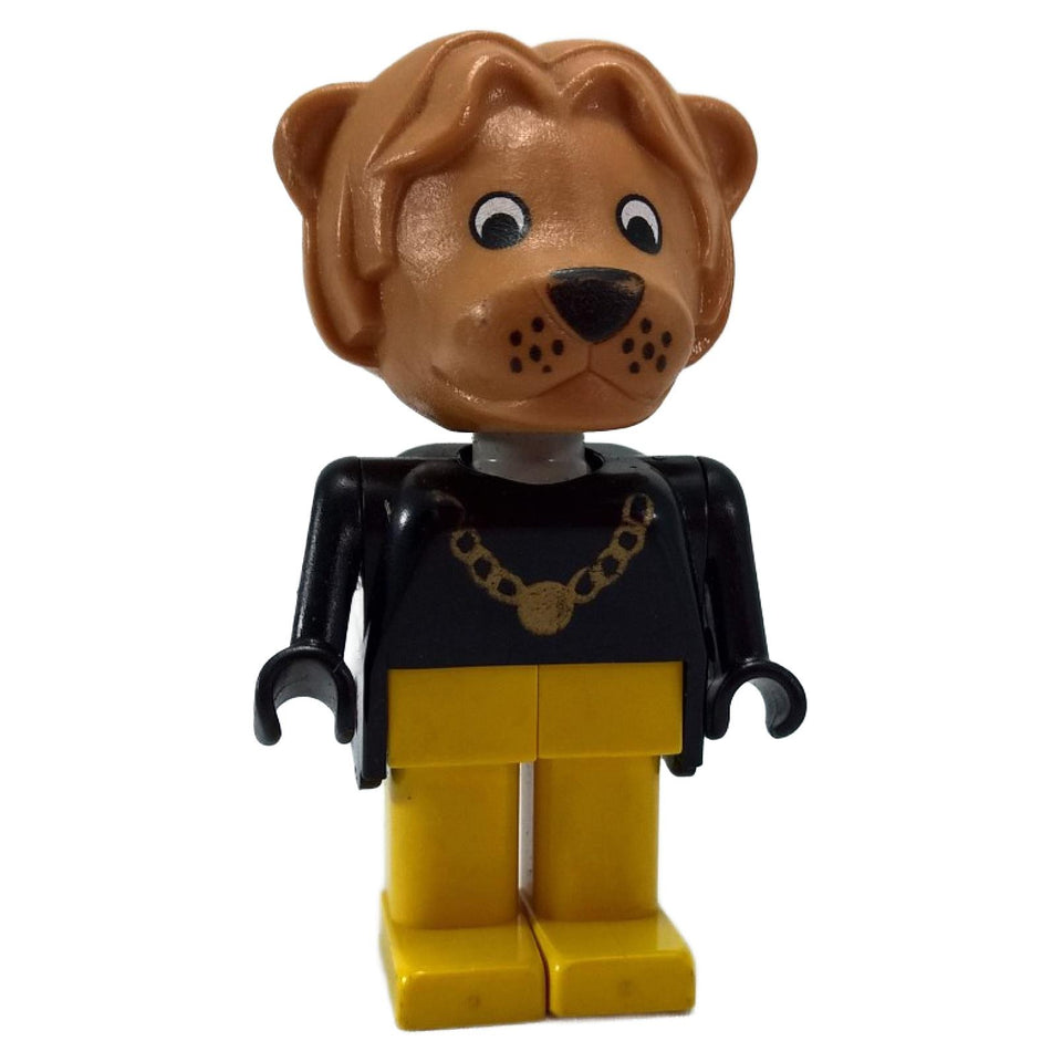 LEGO Fabuland Lionel Lion Mayor Figure (fab7f) with printed gold necklace, black torso, and yellow legs, front view.