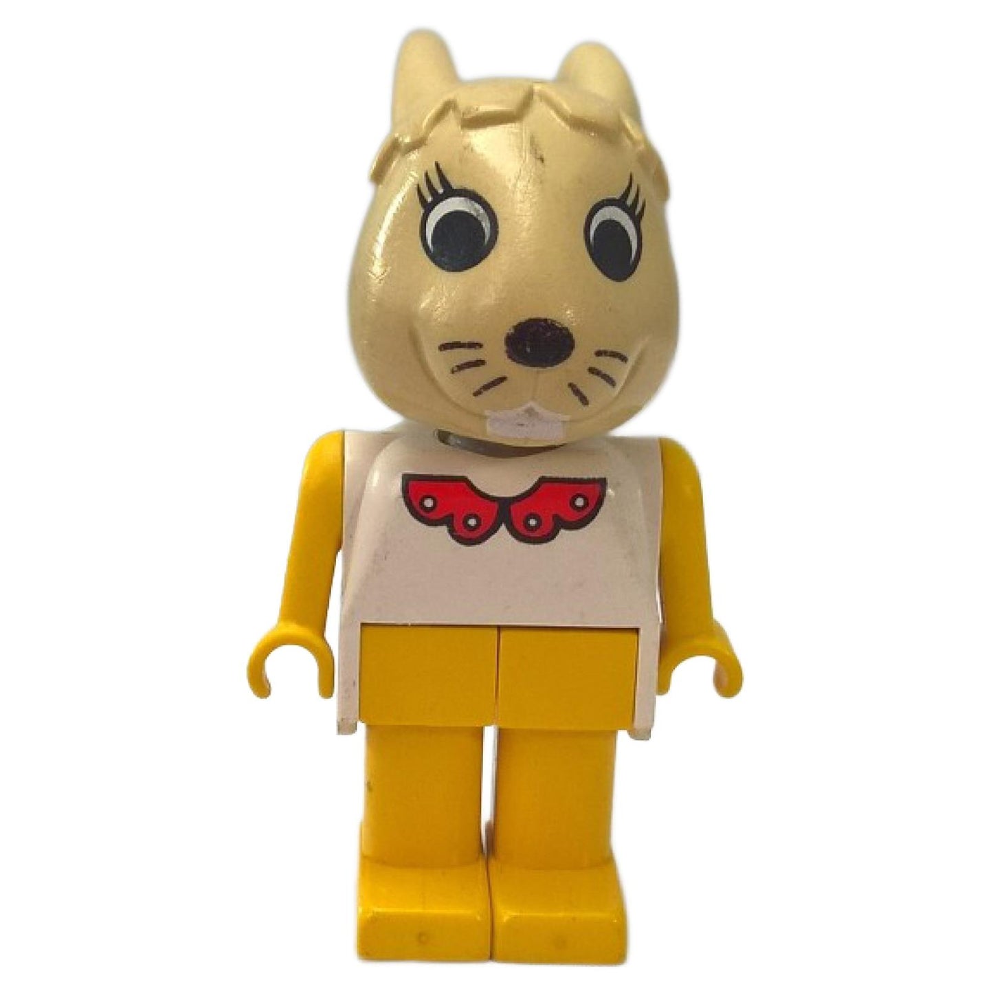 A LEGO® Fabuland Bonnie Bunny minifigure, featuring a tan rabbit head with black eyes and buck teeth, a white torso with a red scalloped collar, yellow arms, yellow hands, and yellow legs, standing against a white background.