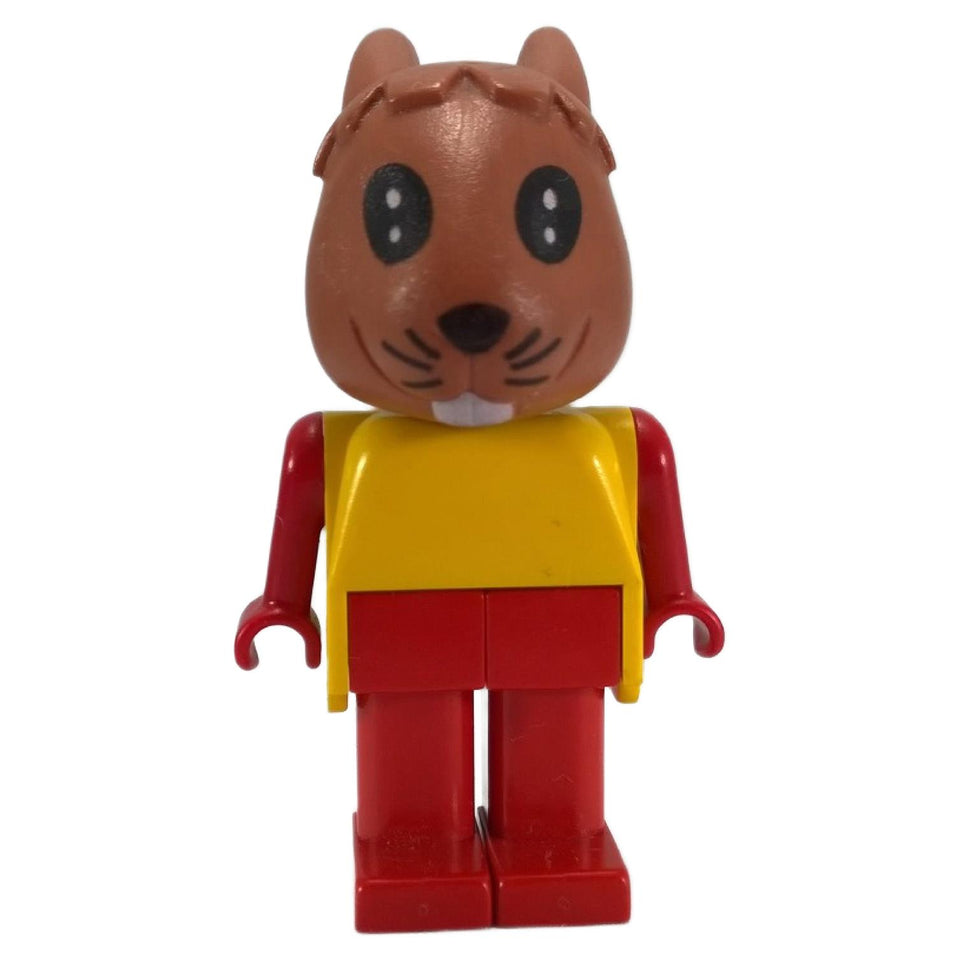 A LEGO® Fabuland Rufus Rabbit minifigure, featuring a brown rabbit head with black eyes, whiskers, and buck teeth, a yellow torso, red arms, yellow hands, and red legs, standing against a white background.