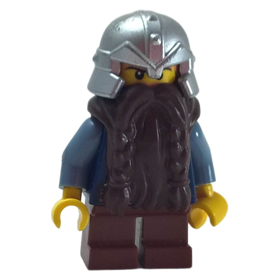 LEGO® Fantasy Era Dwarf minifigure cas393 with dark brown beard and metallic silver helmet