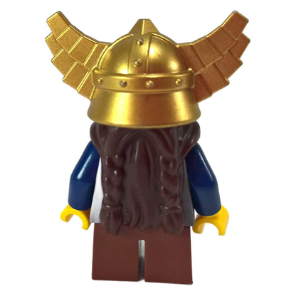 LEGO® Fantasy Era Dwarf minifigure cas405 with dark brown beard and metallic gold winged helmet backside
