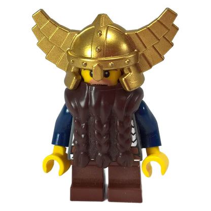 LEGO® Fantasy Era Dwarf minifigure cas405 with dark brown beard and metallic gold winged helmet