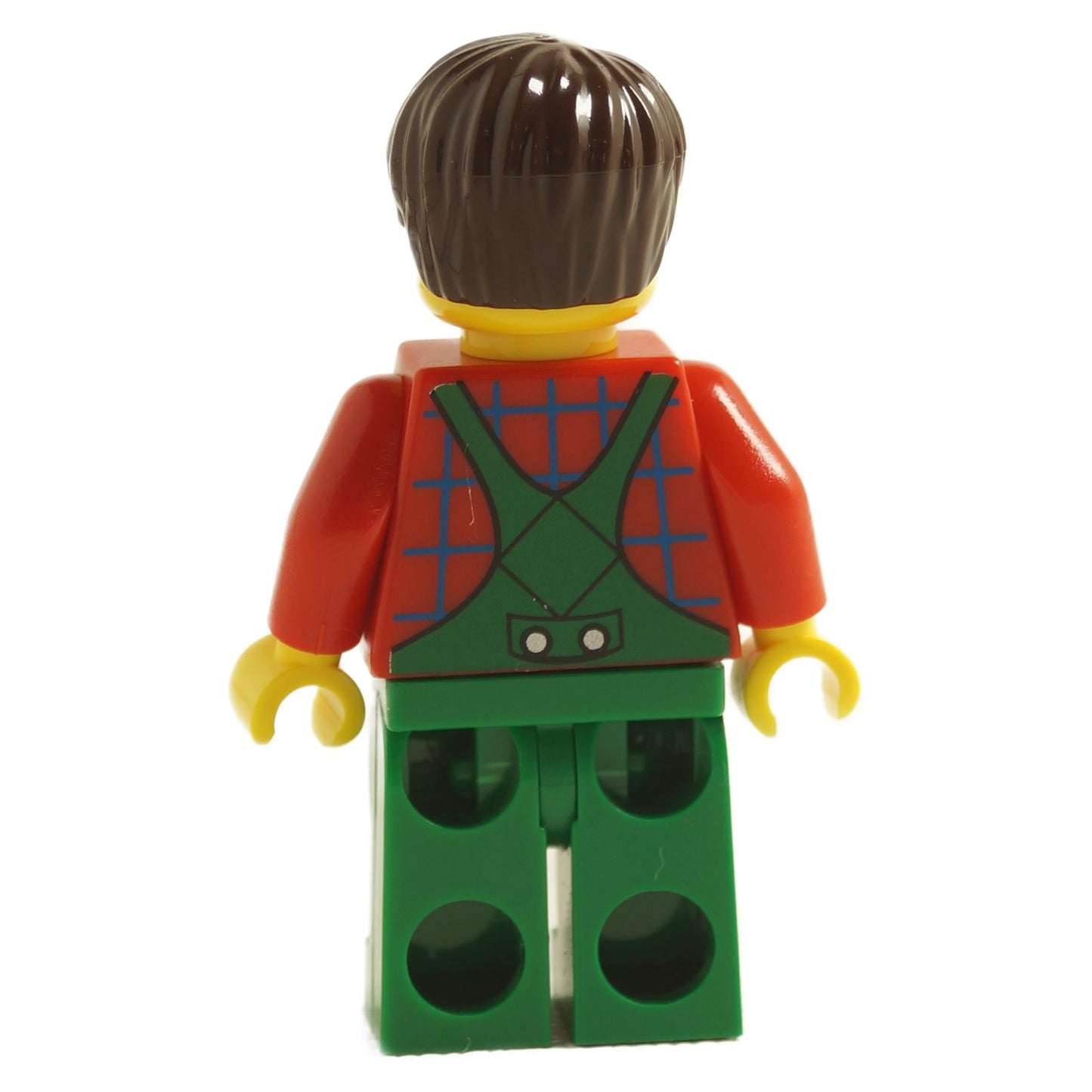back view of LEGO farmer minifigure with dark brown short tousled hair wearing green overalls farm outfit cty0161
