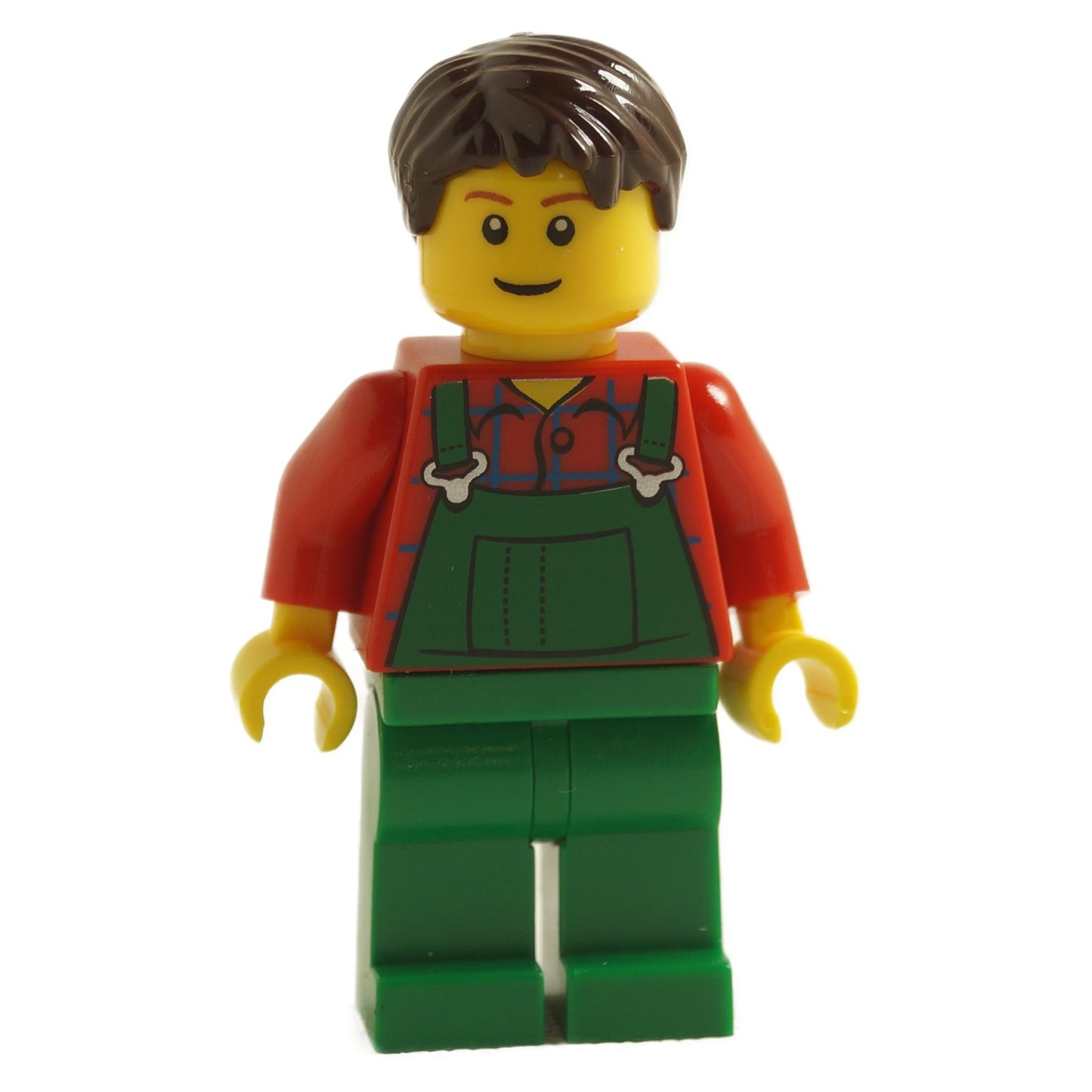 LEGO minifigure representing a farmer with dark brown hair, wearing green overalls and a red plaid shirt.