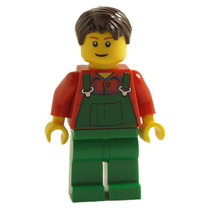 LEGO minifigure representing a farmer with dark brown hair, wearing green overalls and a red plaid shirt.