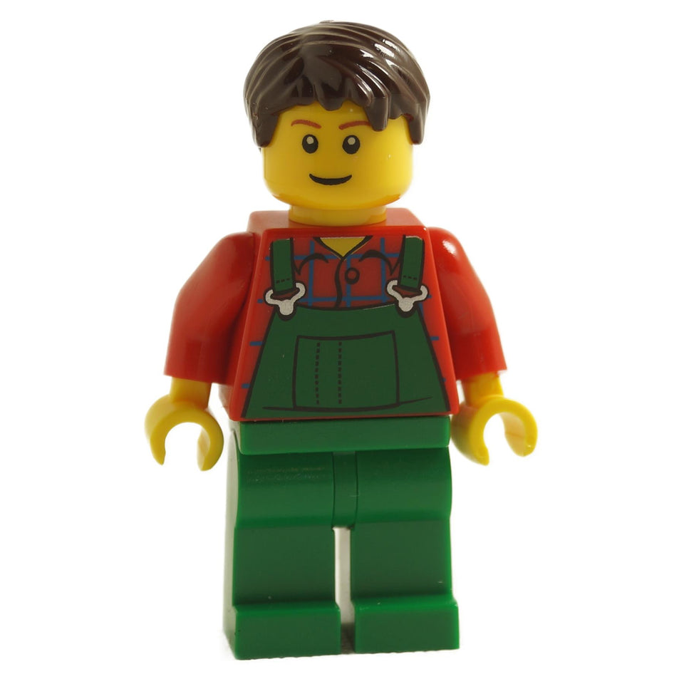 LEGO minifigure representing a farmer with dark brown hair, wearing green overalls and a red plaid shirt.