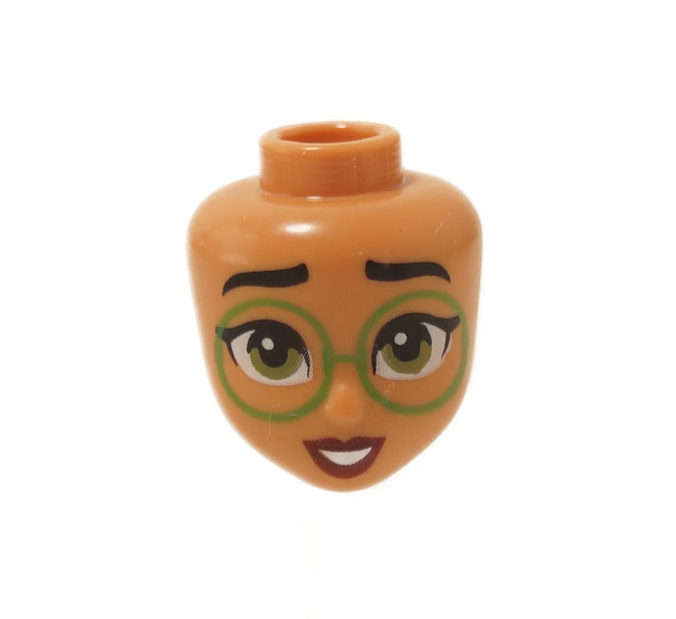 LEGO® Mini-Doll Head - Nougat with green glasses, olive green eyes, dark red lips, and black eyebrows. Designed for LEGO® Friends mini-doll figures.