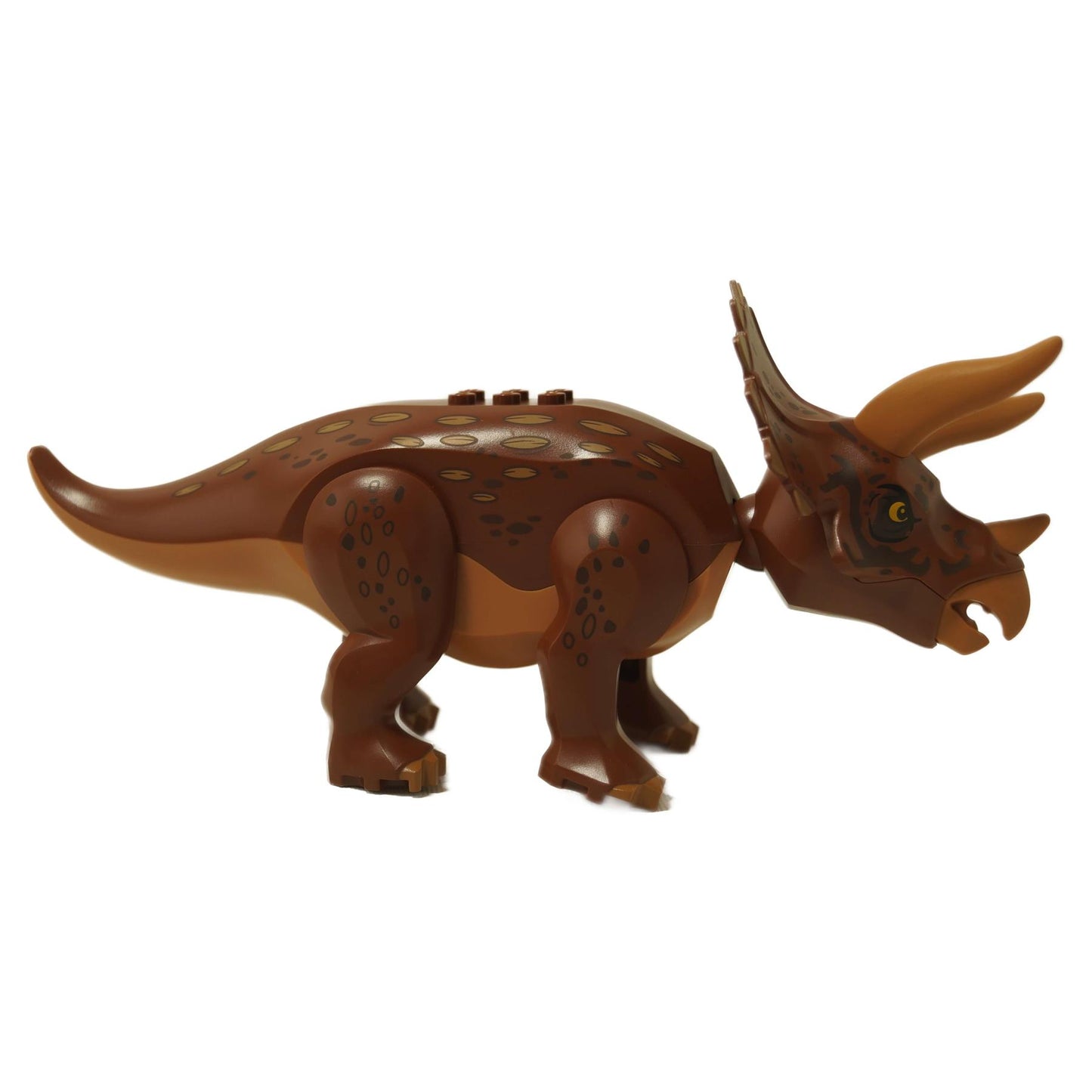 Side view of LEGO® Triceratops dinosaur with Medium Nougat and Dark Brown markings from Jurassic World set 76959