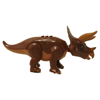 Side view of LEGO® Triceratops dinosaur with Medium Nougat and Dark Brown markings from Jurassic World set 76959