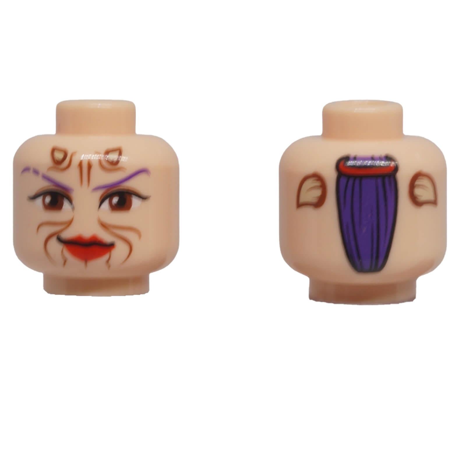LEGO® female alien minifigure head 3626pb0554 with facial markings, forehead horns and printed ponytail shown from front and back