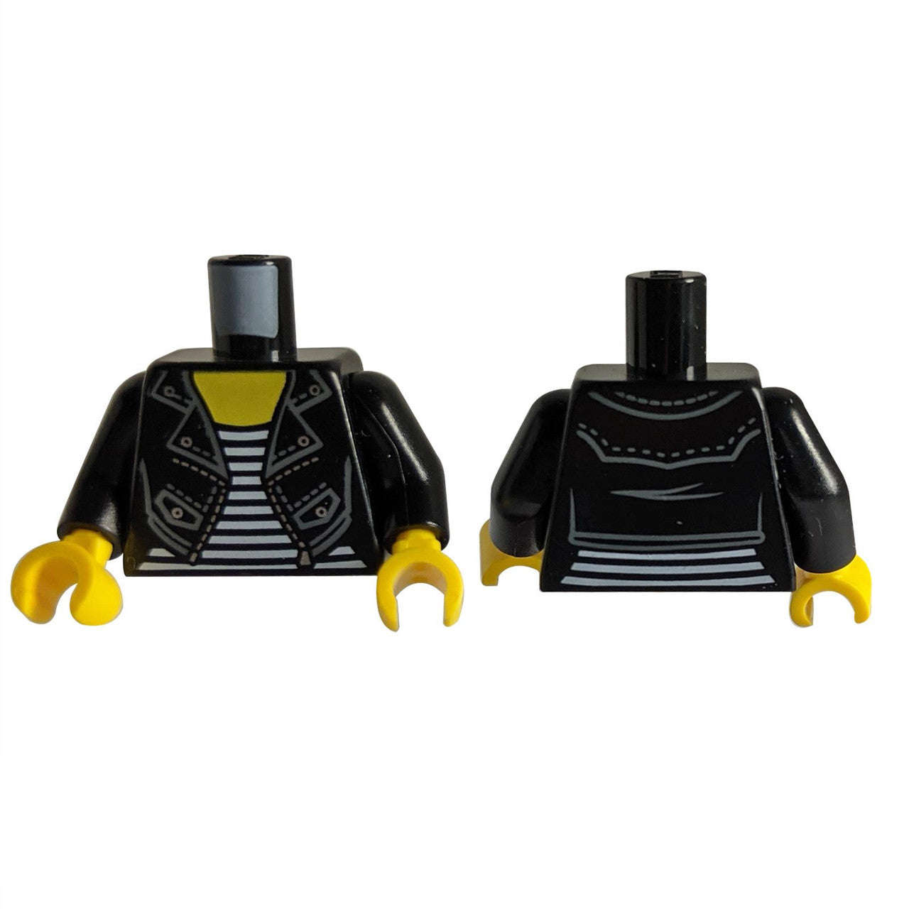 LEGO® female black leather jacket torso with striped shirt print