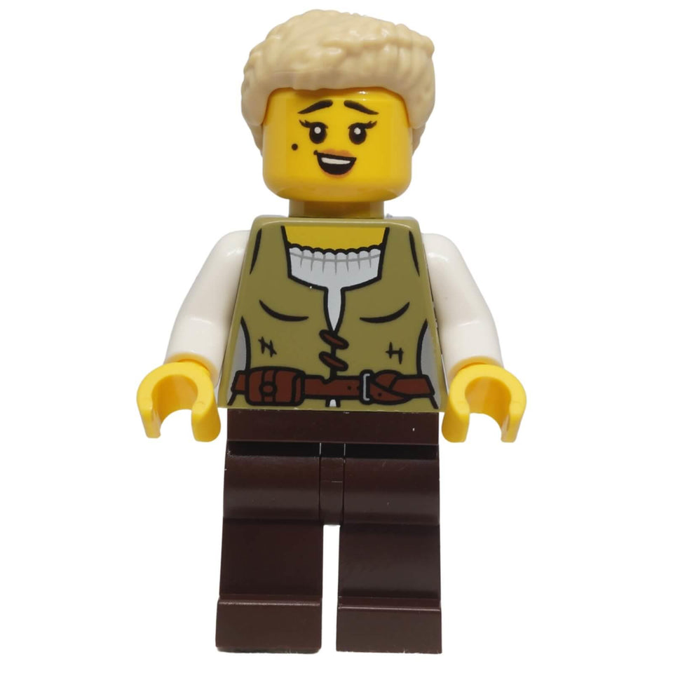 Front view of LEGO® Female Carpenter minifigure cas582 with olive green vest, dark brown legs and tan ponytail hair