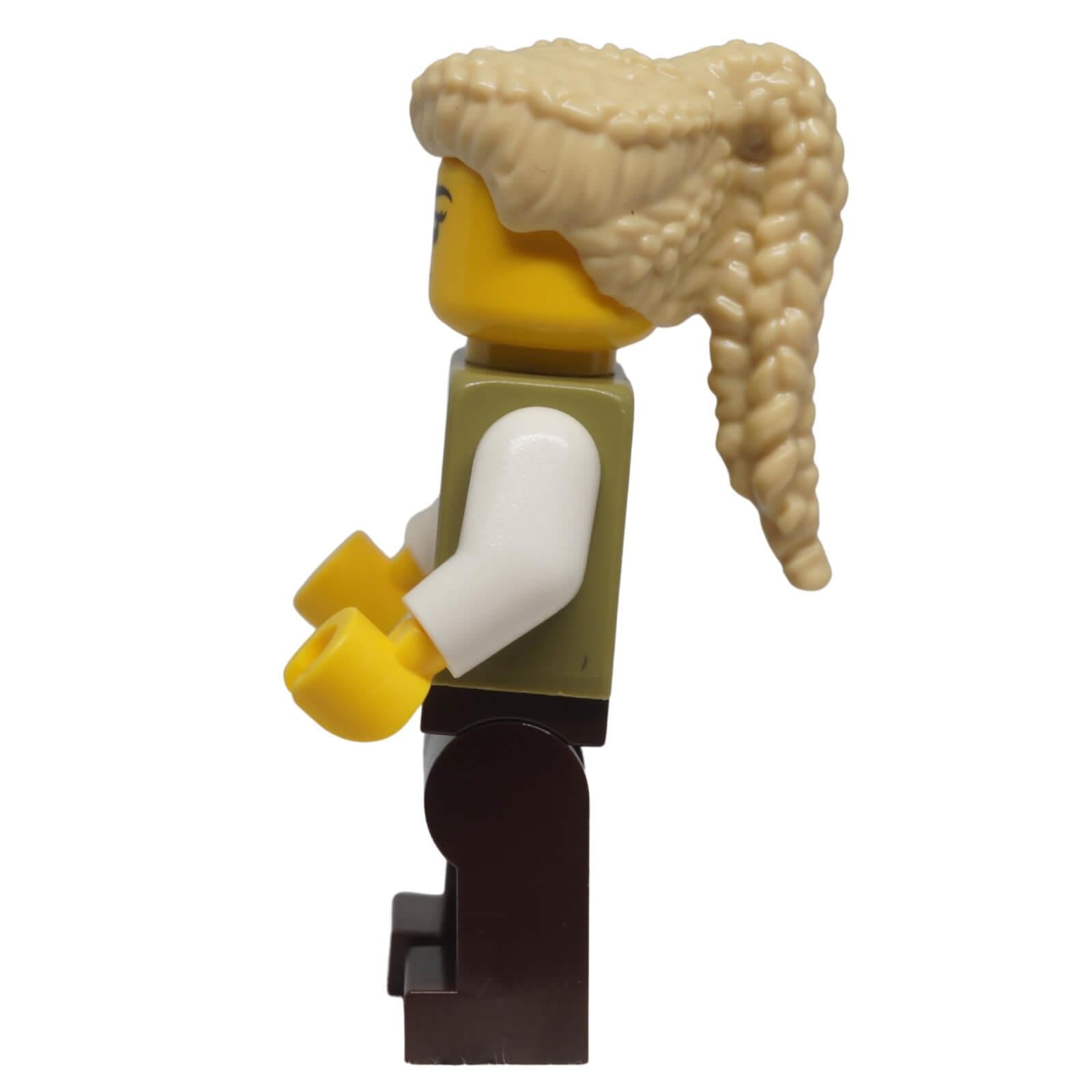 Side view of LEGO® Female Carpenter minifigure cas582 with tan coiled ponytail hairpiece