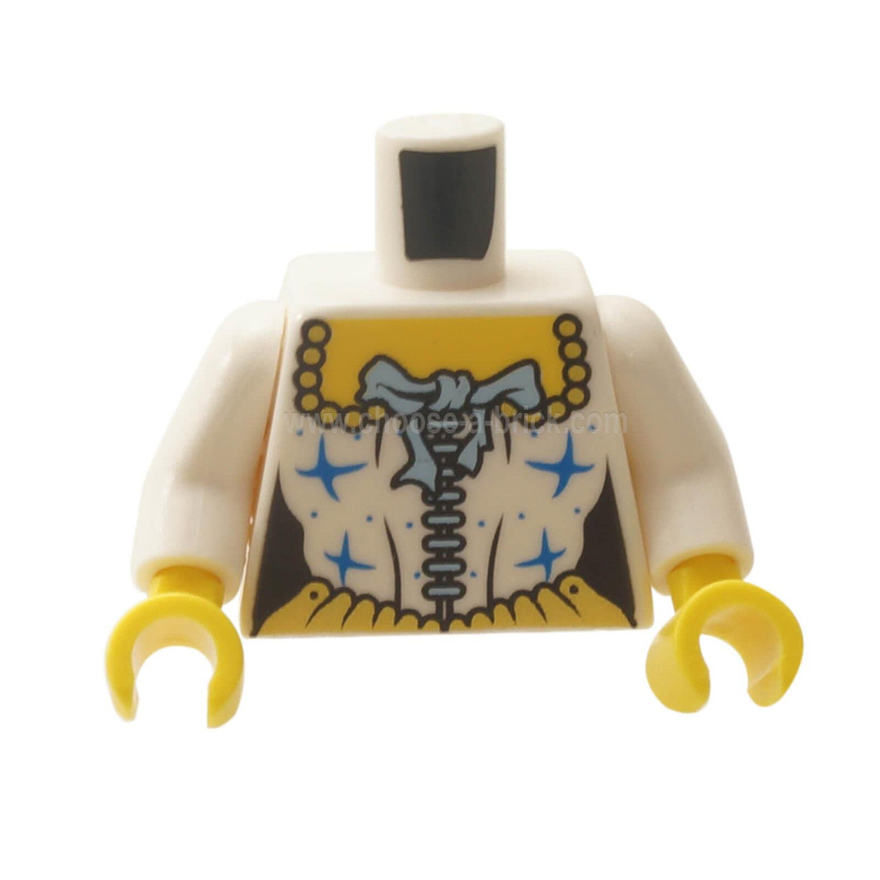 LEGO® female corset torso with medium blue ribbon print, laced front panel and yellow hands
