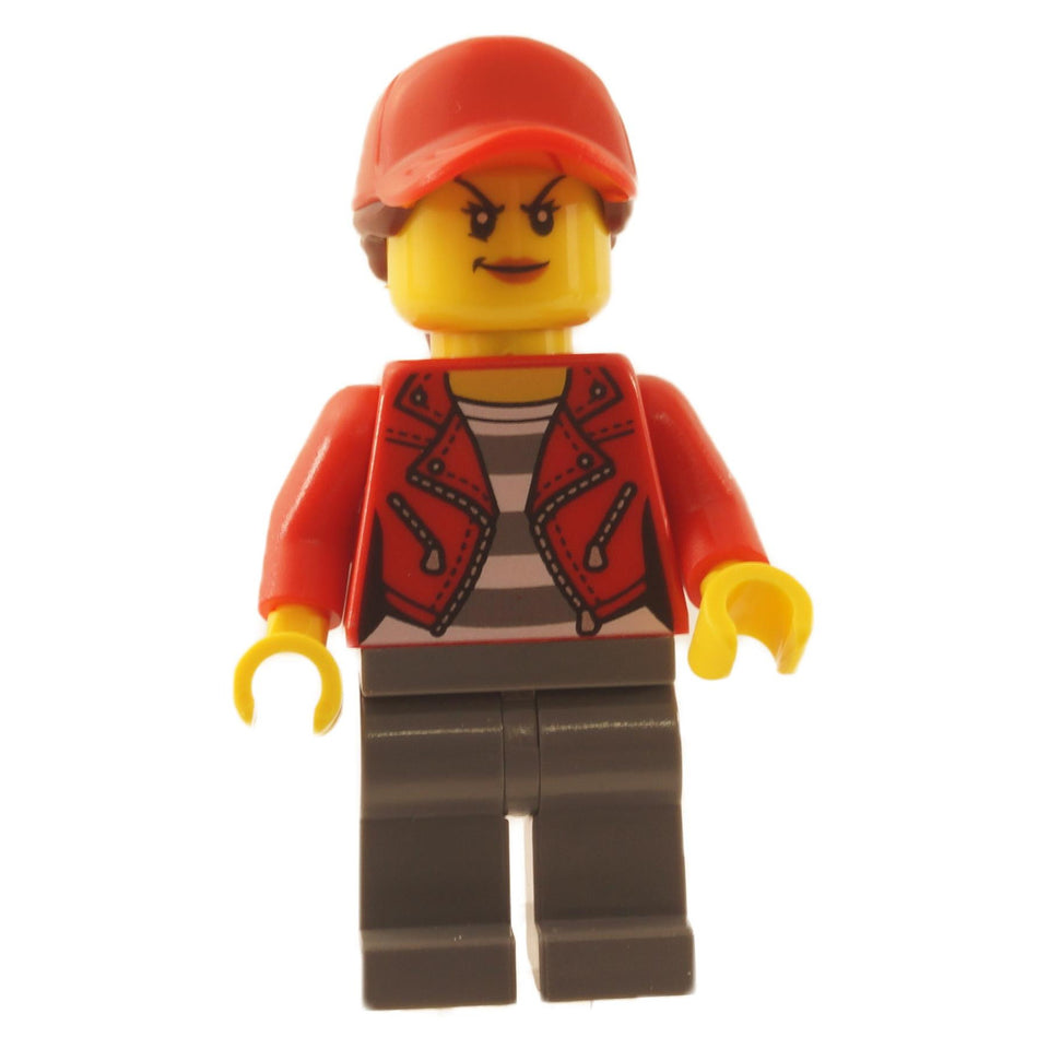 LEGO Minifigura Bandido da Cidade, Vermelho Casaco, Vermelho Boné com Marrom Avermelhado Rabo de Cavalo, Cinza Azulado Escuro Pernas - cty1147new - vista frontal