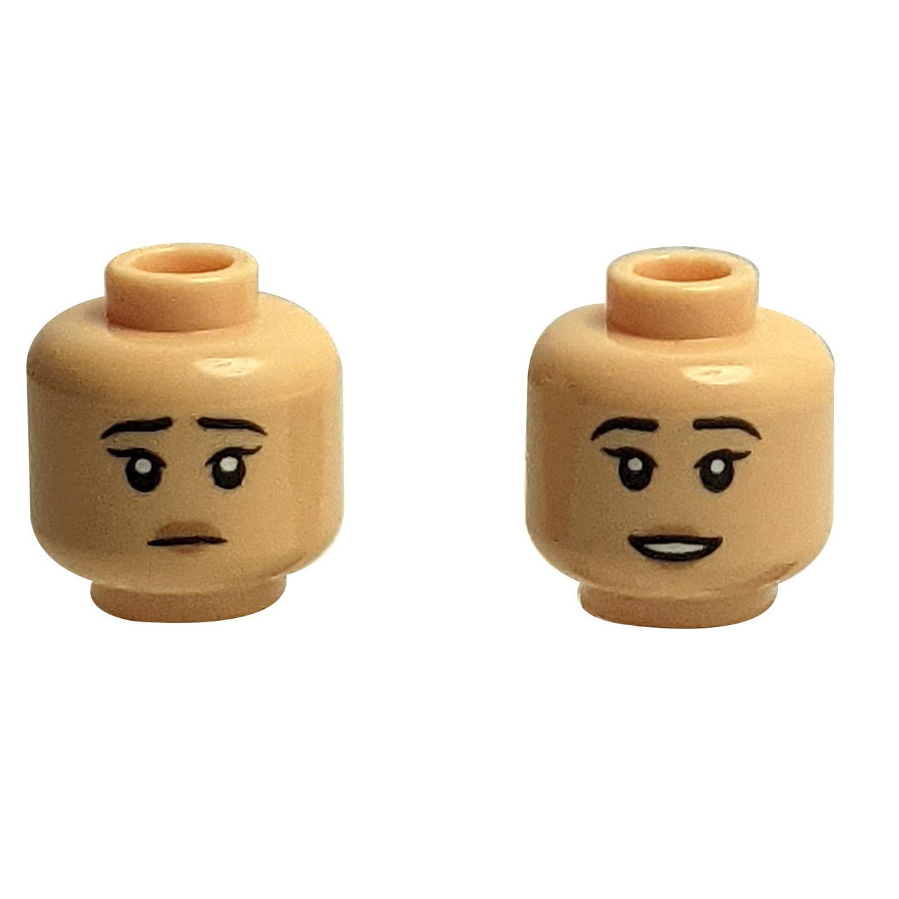 LEGO® female dual-sided minifigure head with black eyebrows, medium nougat lips, smiling and sad expressions