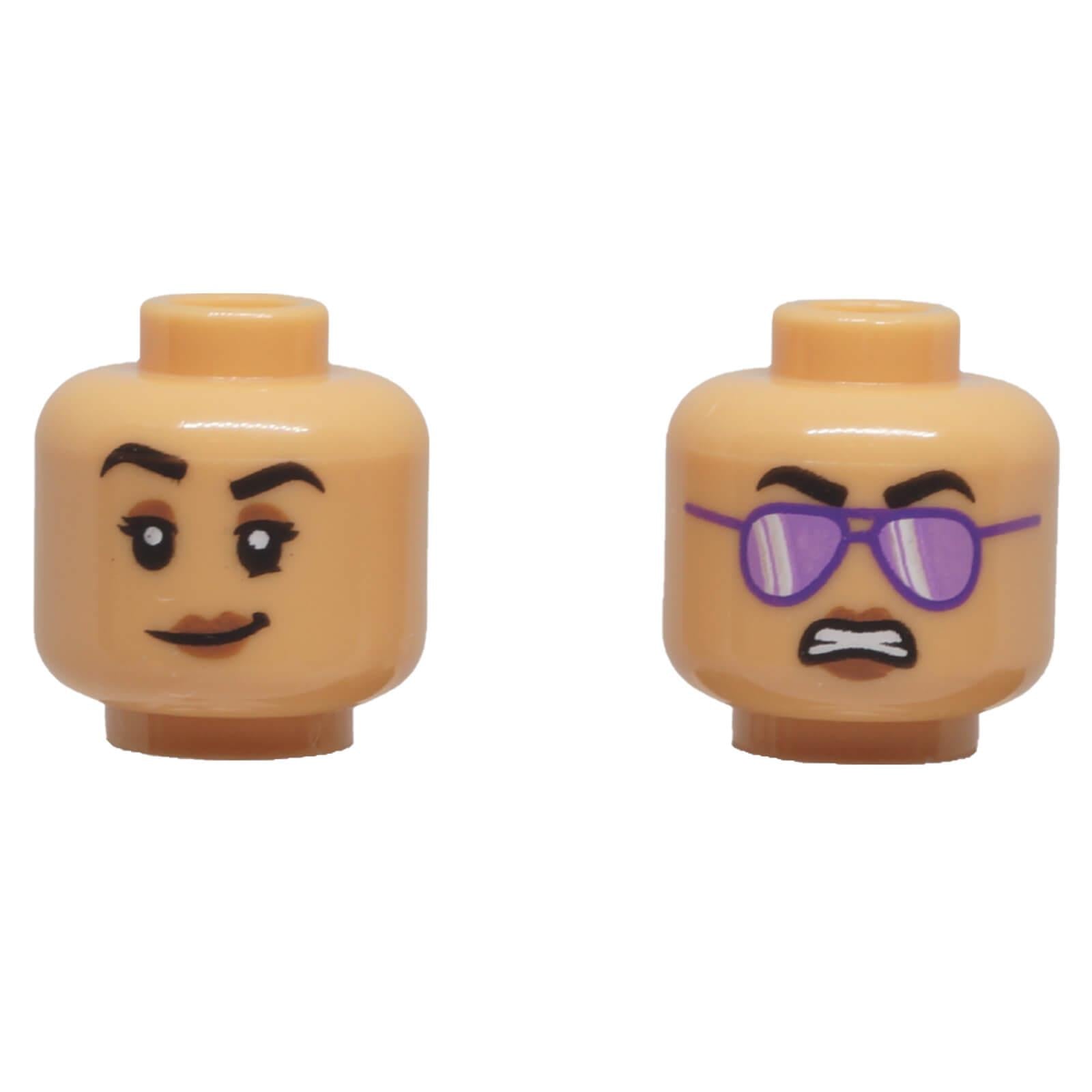LEGO female dual-sided minifigure head with smiling face and purple sunglasses scowl