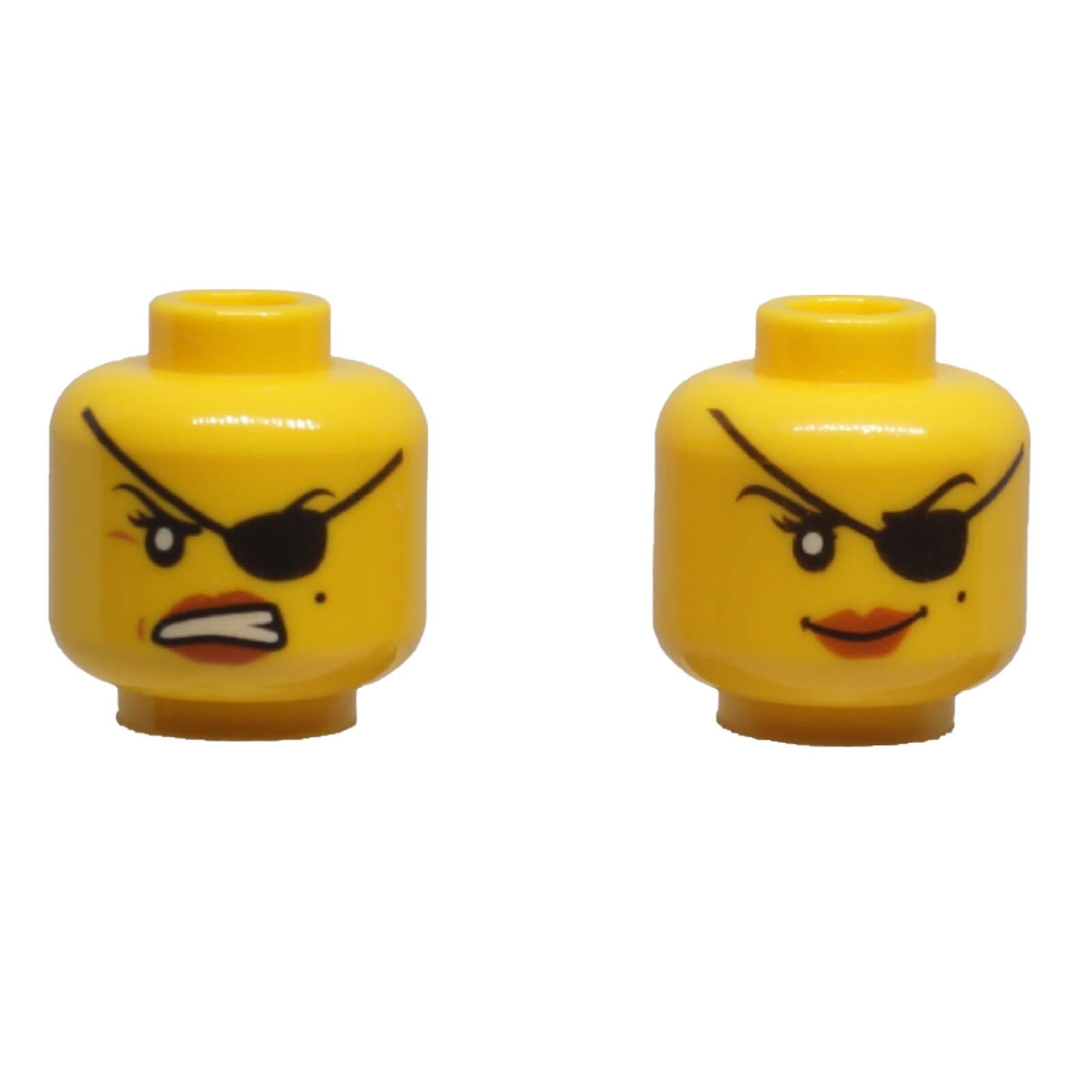 Front and back expressions of LEGO® female minifigure head 3626pb1334 with black eyepatch