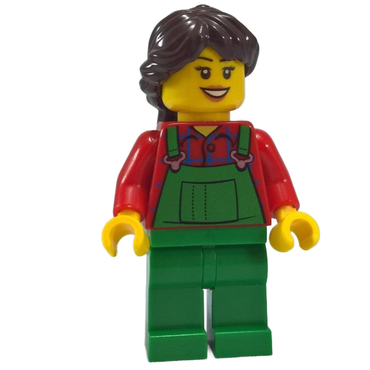 Female farmer minifigure with green overalls red shirt dark brown braided hair smiling face
