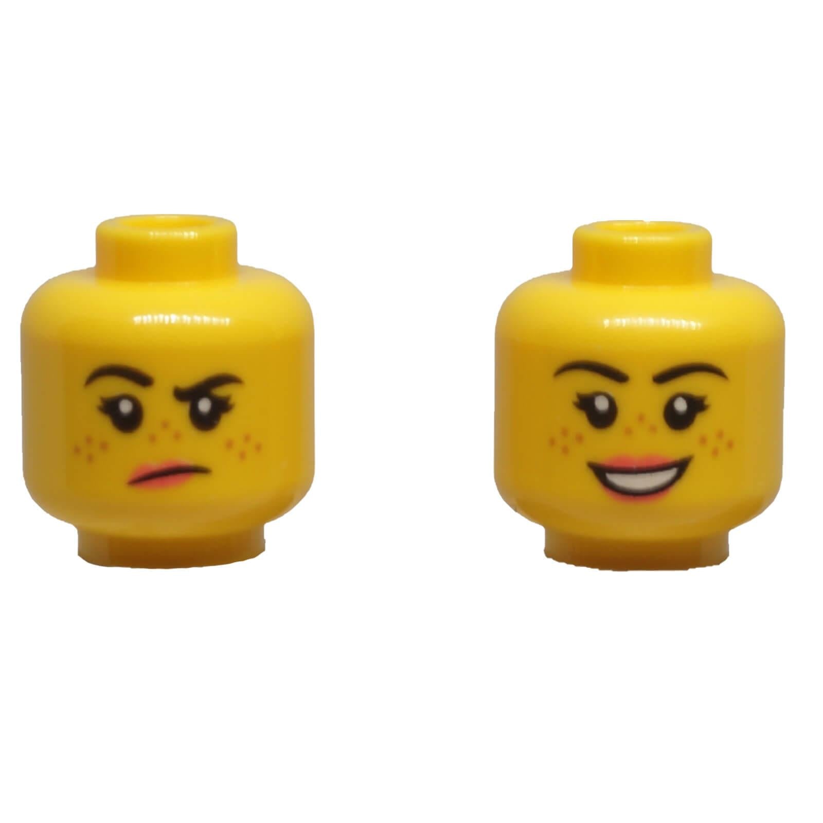 Front and back of LEGO® female minifigure head 3626pb2455 with freckles and dual-sided expressions