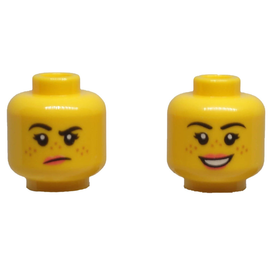 Front and back of LEGO® female minifigure head 3626pb2455 with freckles and dual-sided expressions
