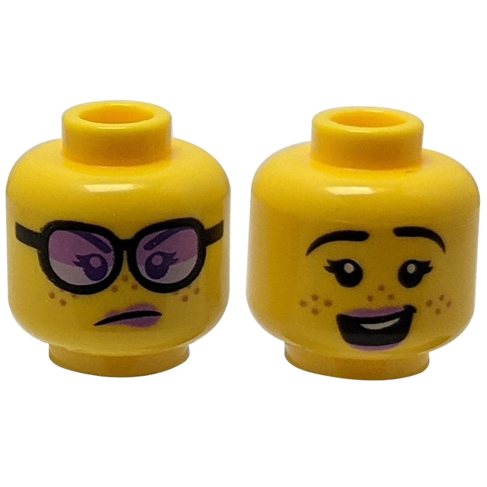 LEGO head 3626cpb2635 with smiling and angry glasses expressions.