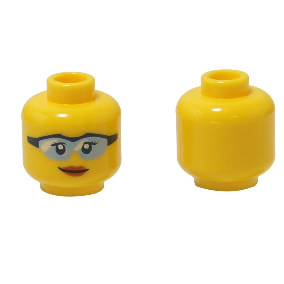 Yellow female minifigure head with black glasses, red lips and smiling expression
