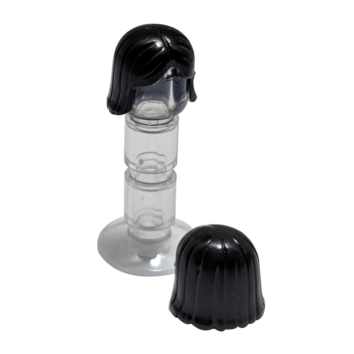 Black LEGO® minifigure hair piece 4530 shown from the front and back with straight long hair, parted front and moulded strand details