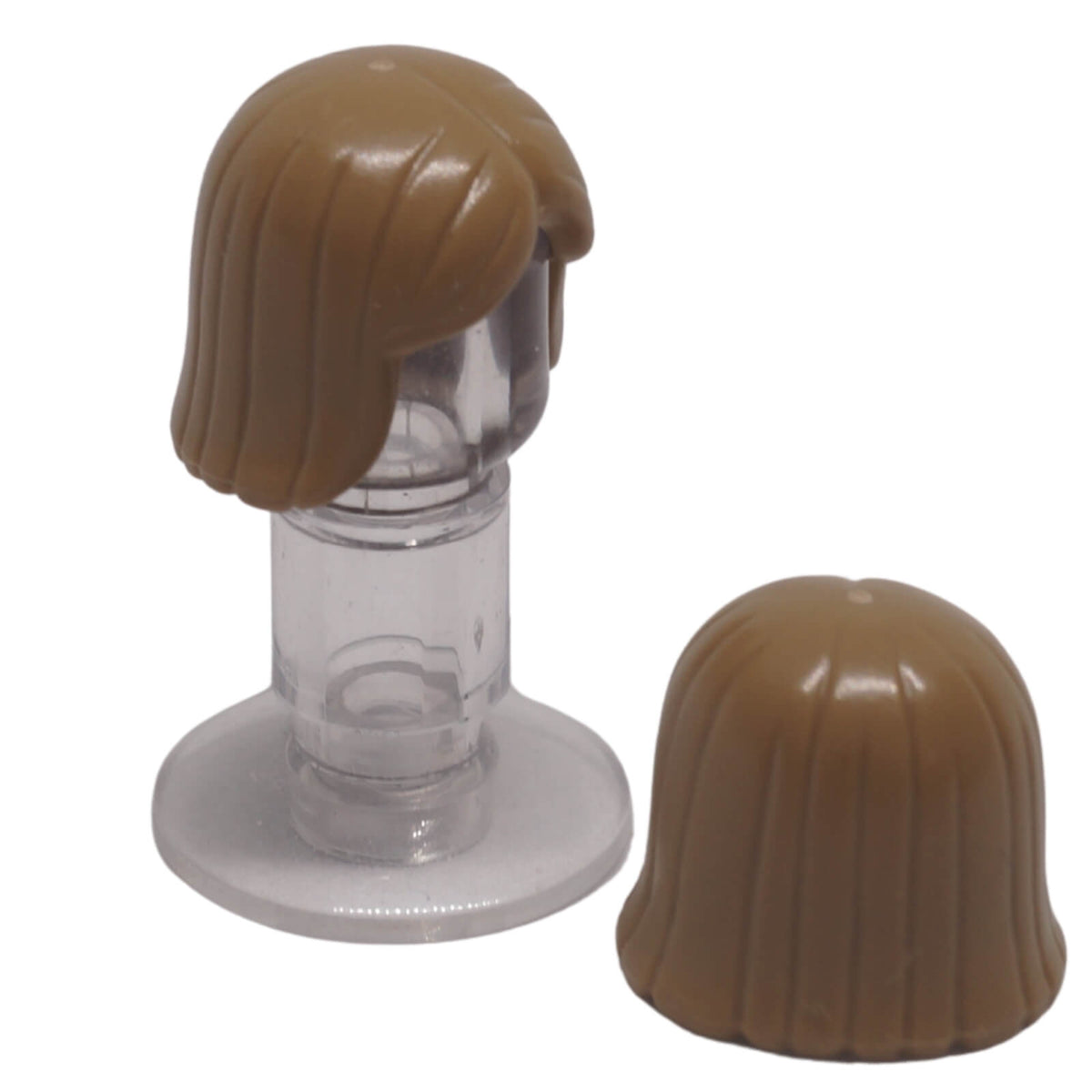 dark tan LEGO® minifigure hair piece 4530 shown from the front and back with straight long hair, parted front and moulded strand details 