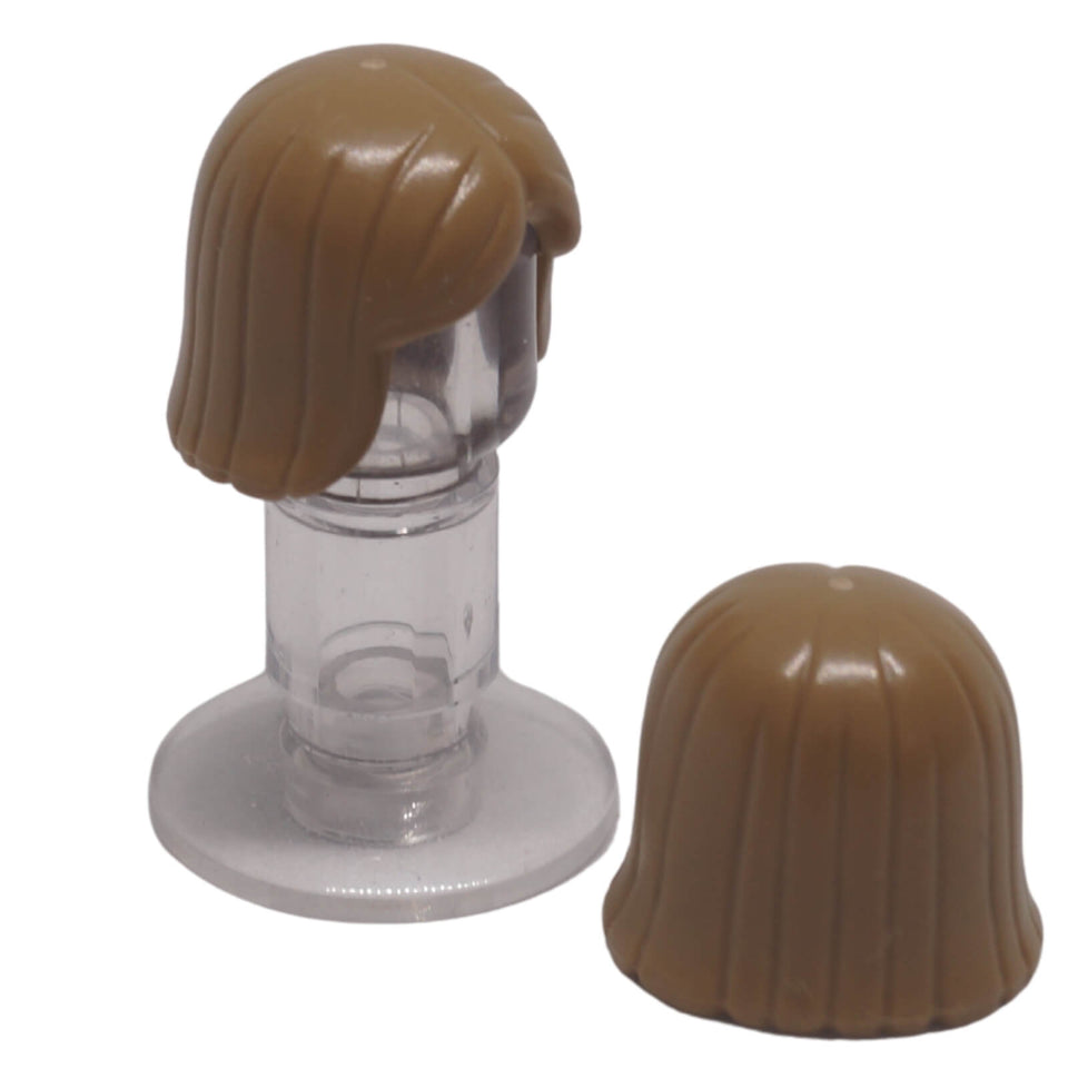 dark tan LEGO® minifigure hair piece 4530 shown from the front and back with straight long hair, parted front and moulded strand details 