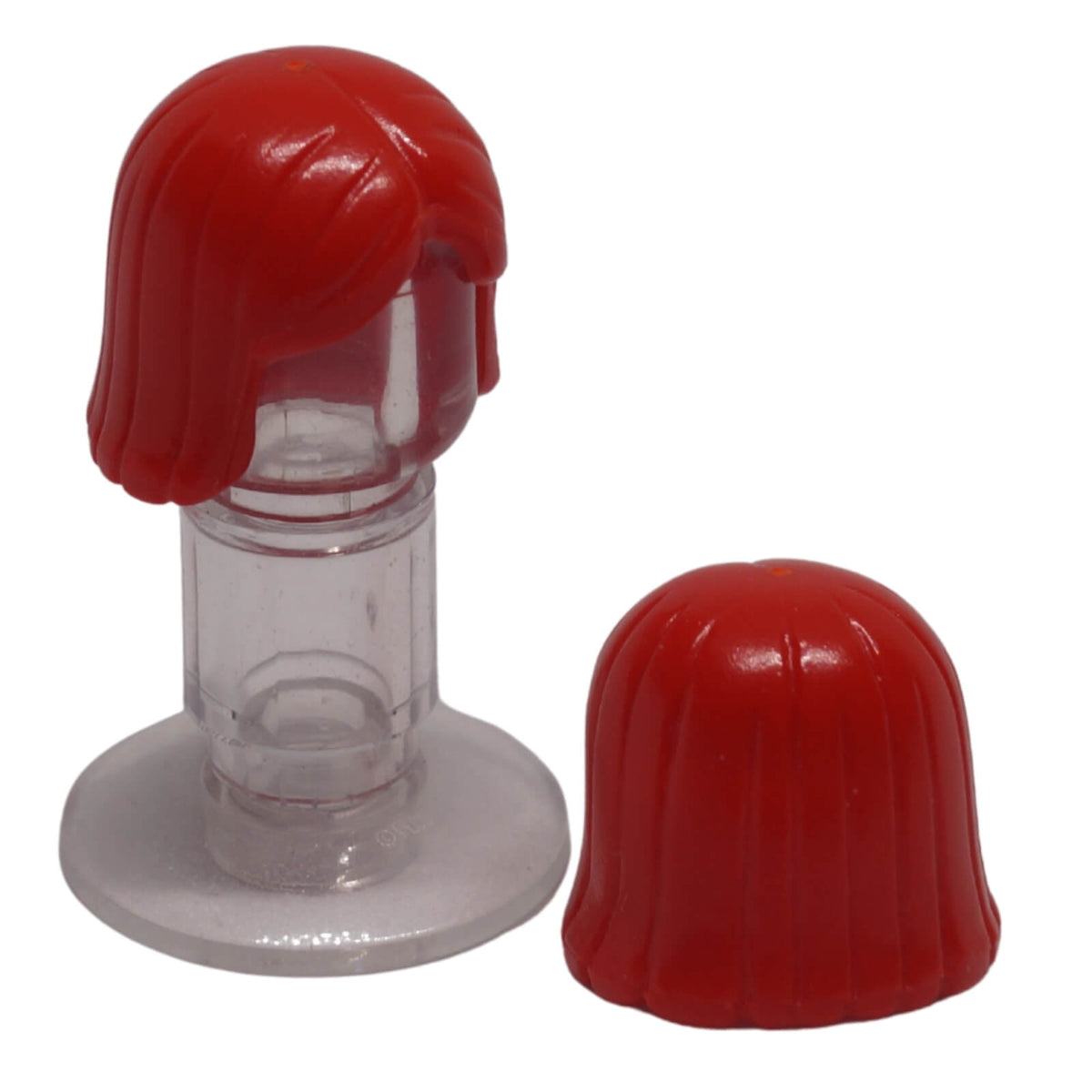 Red LEGO® minifigure hair piece 4530 shown from the front and back with straight long hair, parted front and moulded strand details