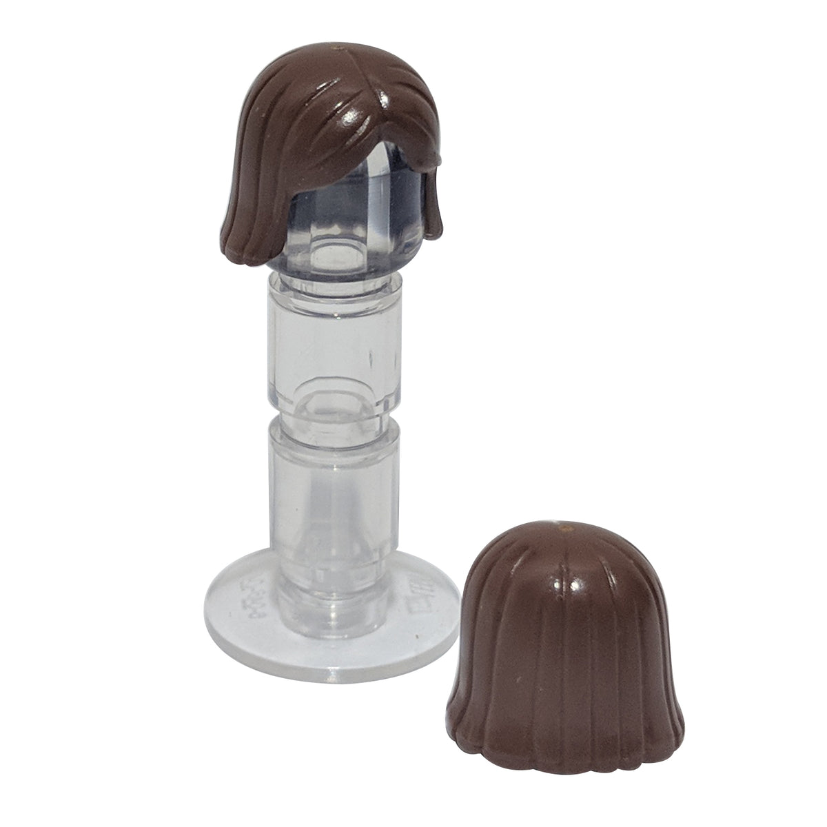 Reddish brown LEGO® minifigure hair piece 4530 shown from the front and back with straight long hair, parted front and moulded strand details