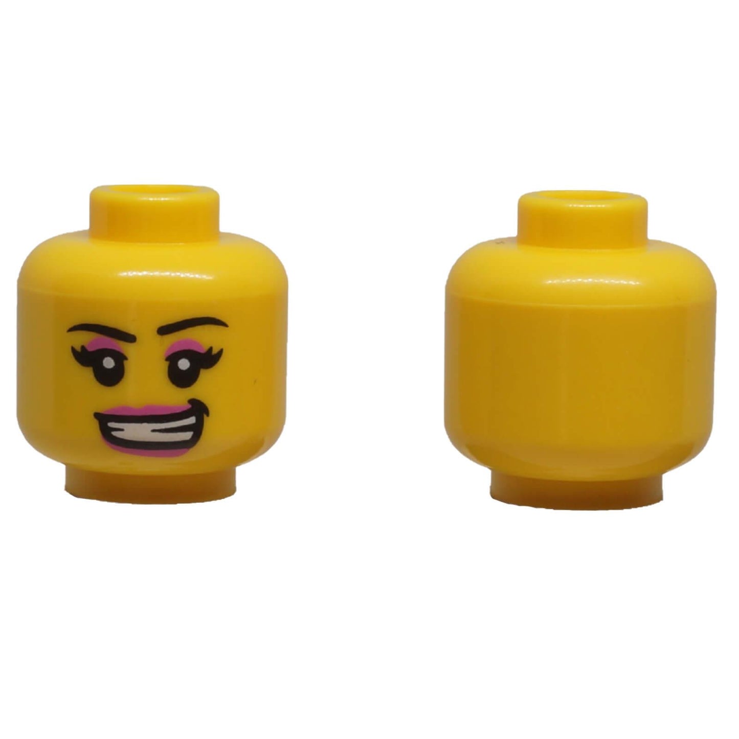 LEGO® yellow female minifigure head 3626pb0673 with dark pink eye shadow, double eyelashes and a lopsided smiling expression.