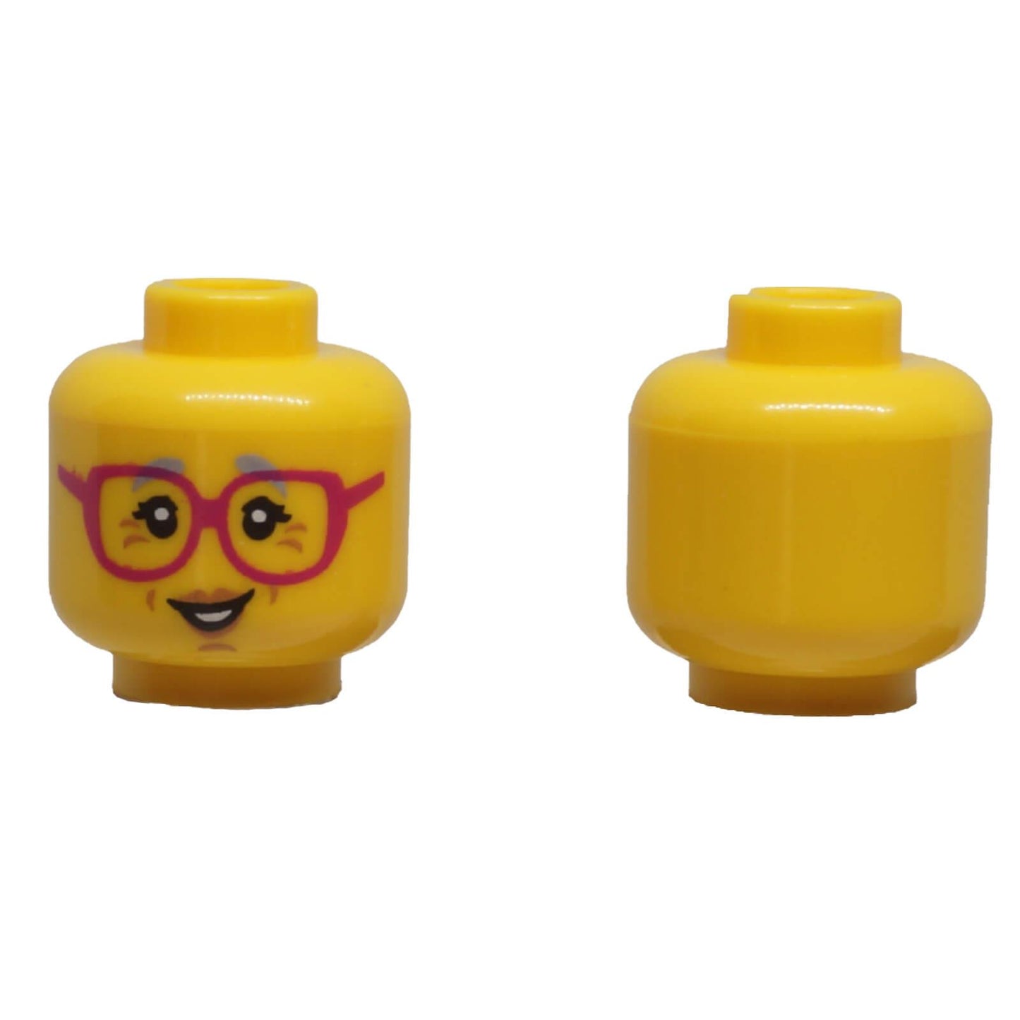 LEGO® yellow female minifigure head 3626pb0998 with dark pink glasses, light bluish grey eyebrows and a smiling expression.