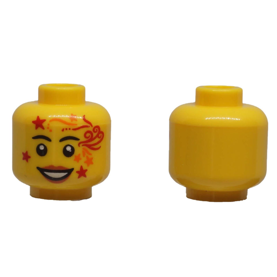 LEGO® yellow female minifigure head 3626pb3319 with red and orange face paint, stars and a smiling expression.
