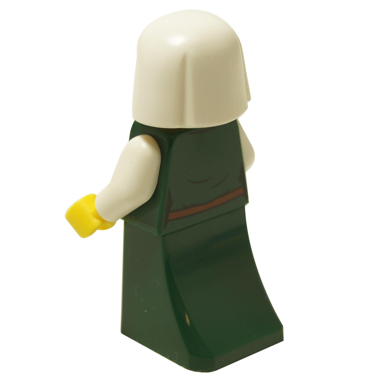 Back view female peasant minifigure with dark green dress and white headdress
